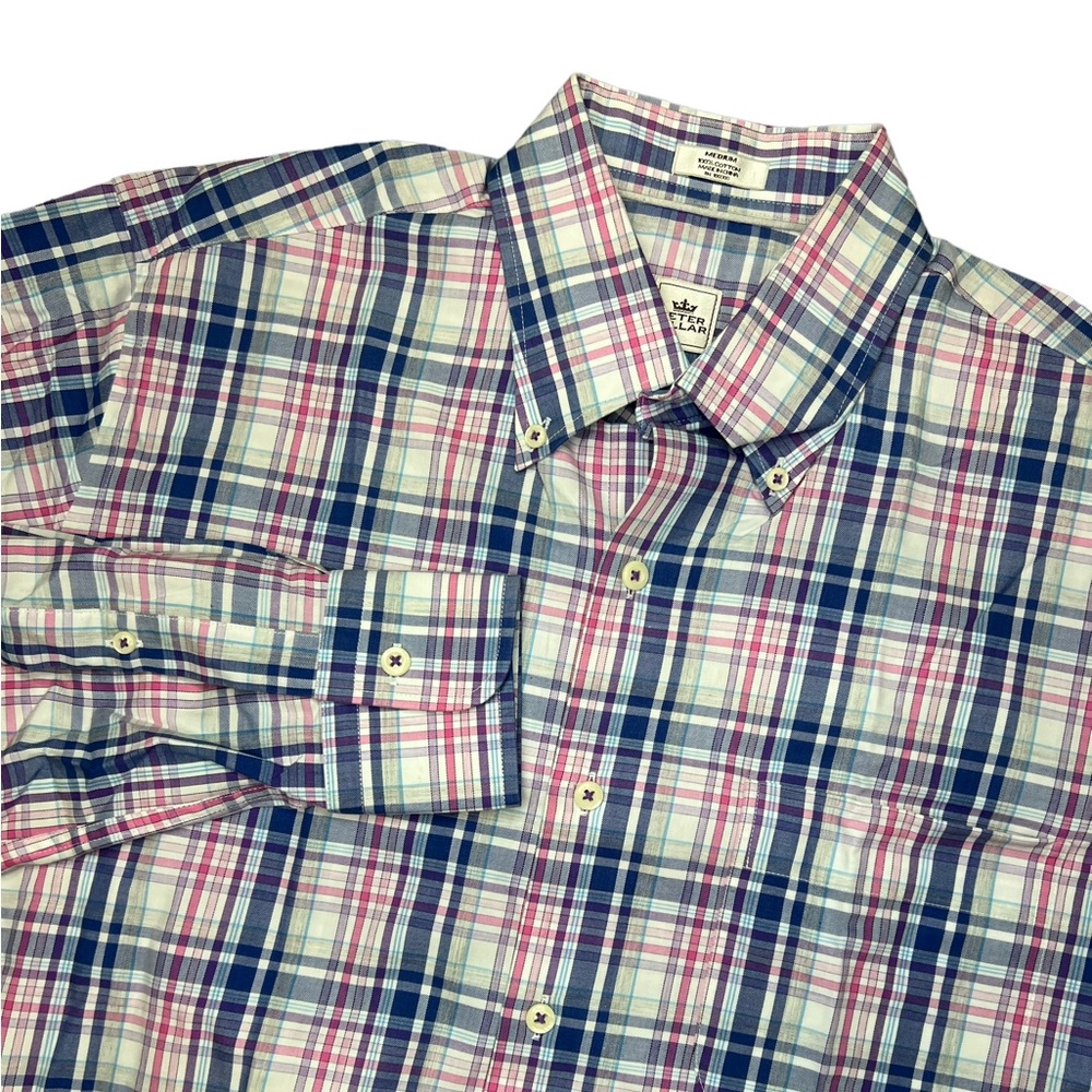 Peter Millar Button Down Shirt Mens M Navy Pink Plaid LS 100% Cotton